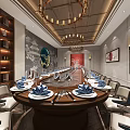 Elegant Chinese Style Private Dining Room Interior With Round Paintings Wooden Bookshelves And Chandeliers