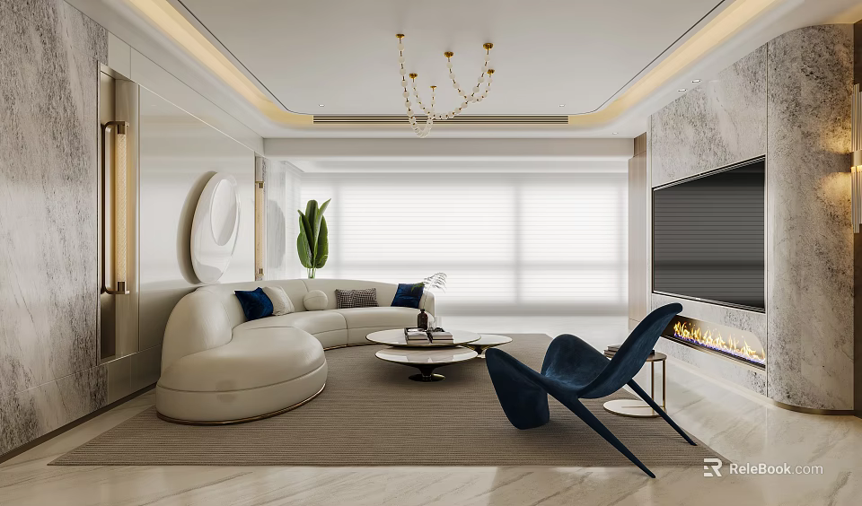 Modern Living Dining Room Interior With White Curved Sofa Blue Armchair And Gold Chandelier 3d model 