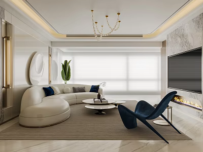 Modern Living Dining Room Interior With White Curved Sofa Blue Armchair And Gold Chandelier 3d model