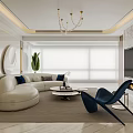 Modern Living Dining Room Interior With White Curved Sofa Blue Armchair And Gold Chandelier