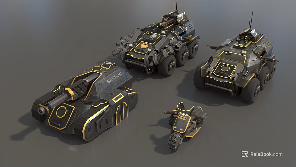 3D Rendered Black And Gold Futuristic Tanks With Various Sizes And Models 3d model 
