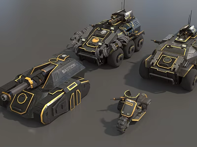 3D Rendered Black And Gold Futuristic Tanks With Various Sizes And Models 3d model