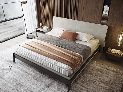 Modern Double Bed With Upholstered Headboard Plaid Bedspread Wooden Slat Wall And Orange Pillow 3d model