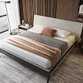 Modern Double Bed With Upholstered Headboard Plaid Bedspread Wooden Slat Wall And Orange Pillow