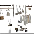 White Clothes with Beige Bags Hats and Umbrella Hanging on Wooden Rack and Hangers