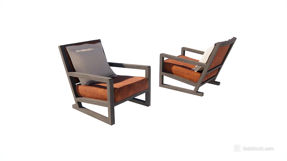 Modern Single Sofa Design With Wooden Frame Brown Cushion And Gray Pillow 3d model