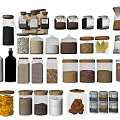 Various Glass Spice Jars With Wooden Lids And Different Spices For Kitchen Storage