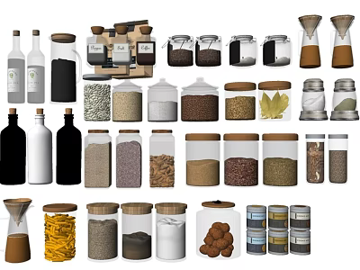 Various Glass Spice Jars With Wooden Lids And Different Spices For Kitchen Storage 3d model