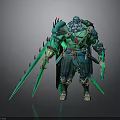 Green And Blue Armored Muscular Warrior With Spiked Blades And Ornate Details