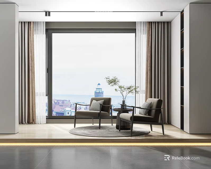 Relaxing Sofa Set With Two Chairs Small Table And Sea View Lighthouse By Window 3d model 