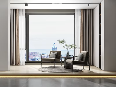 Relaxing Sofa Set With Two Chairs Small Table And Sea View Lighthouse By Window 3d model