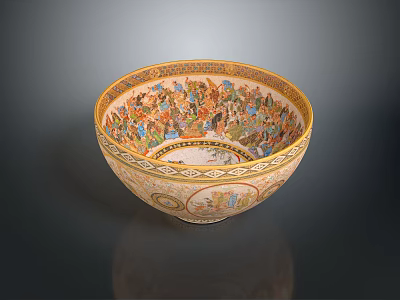 Intricately Carved Decorative Bowl With Colorful Figural Scenes And Ornate Rim 3d model
