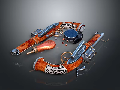 Vintage Pistols with Wooden Grips and Metal Components Displayed with Ammunition Powder Flask and Accessories 3d model