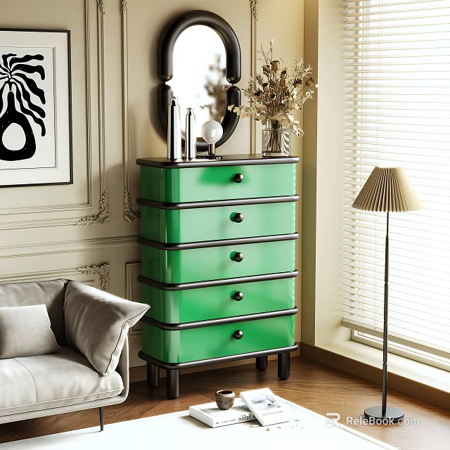 Green Chest of Drawers with Black Trim in Modern Living Room Near Sofa and Decorative Mirror 3d model 