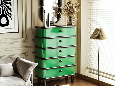 Green Chest of Drawers with Black Trim in Modern Living Room Near Sofa and Decorative Mirror 3d model
