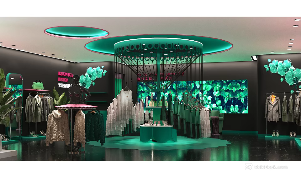 Stylish Fashion Clothing Store Interior With Green Lighting Clothing Displays And Decorative Backdrops 3d model 
