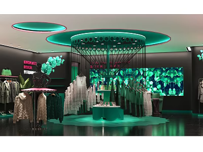 Stylish Fashion Clothing Store Interior With Green Lighting Clothing Displays And Decorative Backdrops 3d model