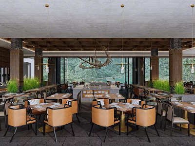 Rustic Wooden Restaurant Interior With Hanging Chandeliers Dining Tables And Natural Views 3d model