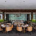 Rustic Wooden Restaurant Interior With Hanging Chandeliers Dining Tables And Natural Views