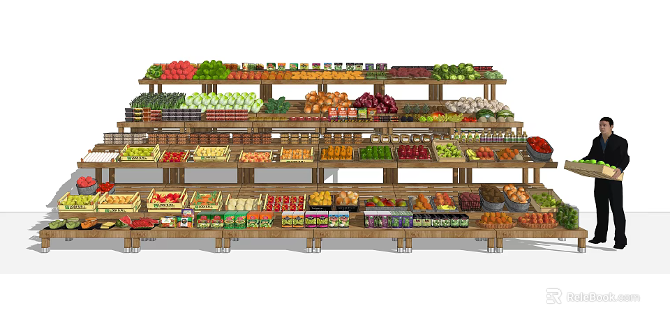 Well Stocked Grocery Store Display Shelves With Fresh Fruits Vegetables And Canned Goods 3d model 