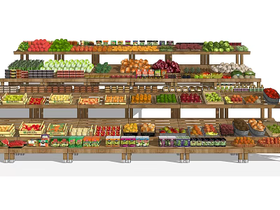 Well Stocked Grocery Store Display Shelves With Fresh Fruits Vegetables And Canned Goods 3d model