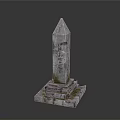 Ancient Weathered Stone Obelisk Sculpture With Detailed Carving And Step Base