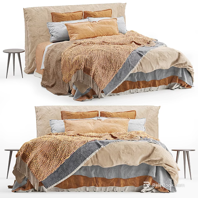 Warm Cozy Double Bed With Neutral Tones Knitted Blanket Multiple Pillows And Side Stool 3d model 