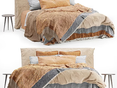 Warm Cozy Double Bed With Neutral Tones Knitted Blanket Multiple Pillows And Side Stool 3d model
