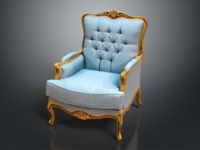 Classic Single Sofa With Blue Upholstery Golden Carved Trim And Curved Legs 3d model