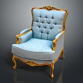 Classic Single Sofa With Blue Upholstery Golden Carved Trim And Curved Legs