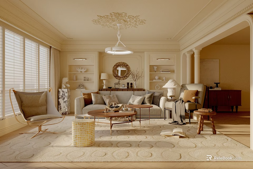 Elegant Living Room Interior Design With Sofa Coffee Table Chandelier Shelves And Area Rug 3d model 