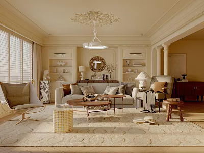 Elegant Living Room Interior Design With Sofa Coffee Table Chandelier Shelves And Area Rug 3d model