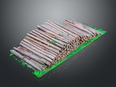 Stacked Natural Wood Logs Arranged On Green Stone Base With Dark Background 3d model