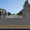 Industrial Zone Entrance Gate with Stone Pillar Guard House Trees and Road