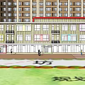 Residential Building Entrance Gate With Brown Decorative Glass Doors And Balconies