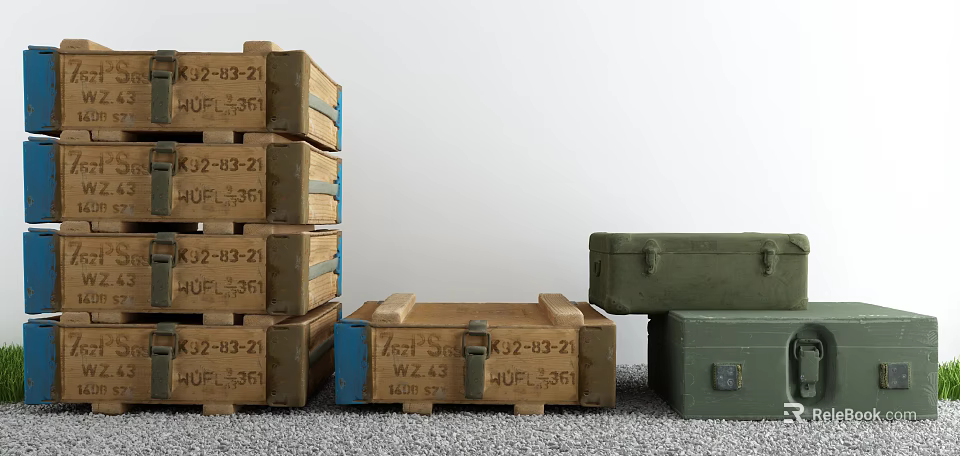 Stacked Wooden Crates With Labeled Markings And Green Storage Boxes For Warehouse Storage 3d model 