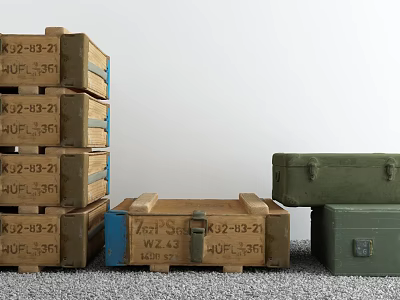 Stacked Wooden Crates With Labeled Markings And Green Storage Boxes For Warehouse Storage 3d model