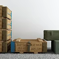 Stacked Wooden Crates With Labeled Markings And Green Storage Boxes For Warehouse Storage