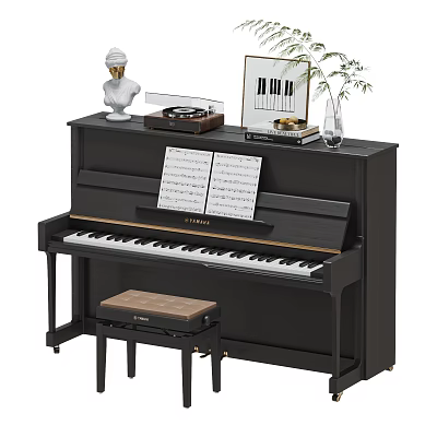 Black Piano With Musical Instruments And Art Supplies Sheet Music Phonograph Plaster Statue Potted Plant 3d model