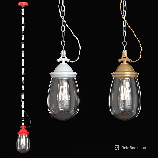 White Gold Red Glass Pendant Lights With Chain And Transparent Bulbs 3d model 