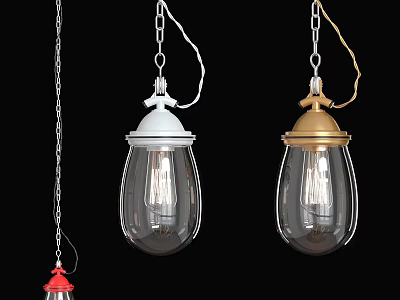White Gold Red Glass Pendant Lights With Chain And Transparent Bulbs 3d model