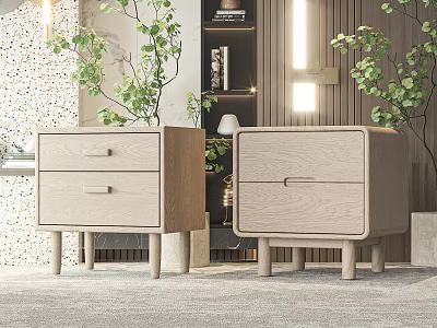 Modern Light Wood Bedside Tables with Drawers and Potted Plants in Bedroom 3d model