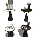 Modern Round Side Tables With Wooden Metal Frame And Decorative Vases Plants
