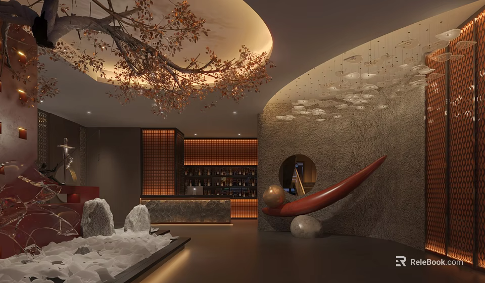 Elegant Modern Restaurant Interior With Red Sofa Stone Decorations Wine Cabinet Branch Decor Round Ceiling 3d model 