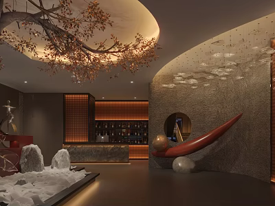 Elegant Modern Restaurant Interior With Red Sofa Stone Decorations Wine Cabinet Branch Decor Round Ceiling 3d model