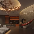 Elegant Modern Restaurant Interior With Red Sofa Stone Decorations Wine Cabinet Branch Decor Round Ceiling 3d model