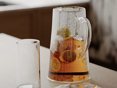 Transparent Glass Pitcher And Empty Glass With Yellow Liquid Lemon Slices On Light Colored Table 3d model