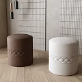 Round Brown And White Fabric Stools With Diamond Patterned Stitching In Modern Interior 3d model