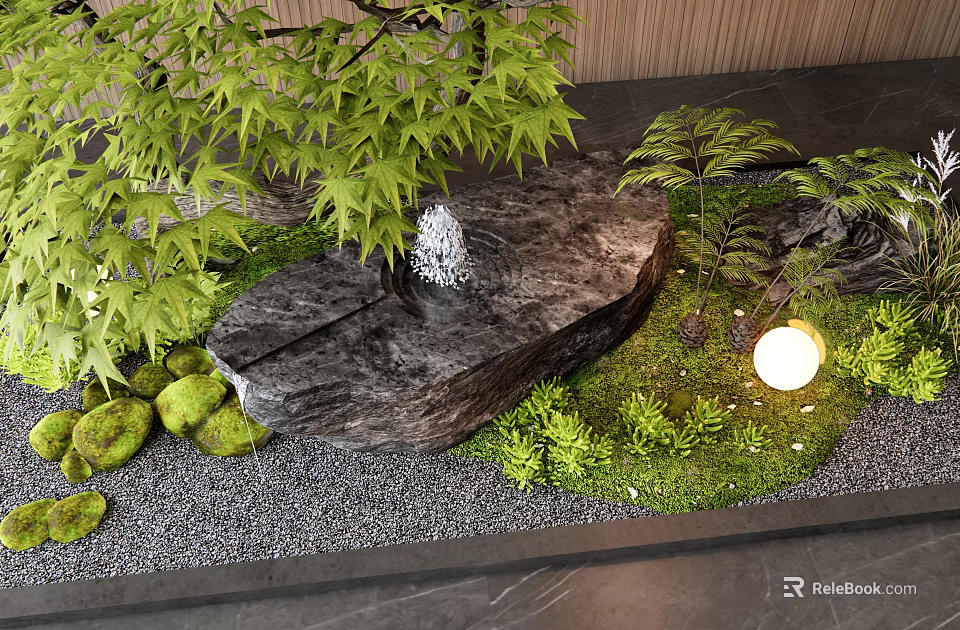 Serene Zen Garden Scene With Small Stone Fountain Lush Moss And Soft Light 3d model 