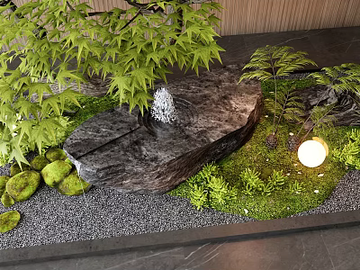 Serene Zen Garden Scene With Small Stone Fountain Lush Moss And Soft Light 3d model